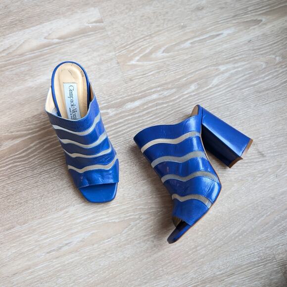 NWOT Giampaolo Viozzi Blue Mesh Cutout Open Toe Mule Leather Shoes, size EU 38 - Picture 1 of 8